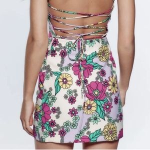 Zara Sarong Hem Wrap Mini Skirt Mod Retro Floral Flower Print Multicolor NWT L